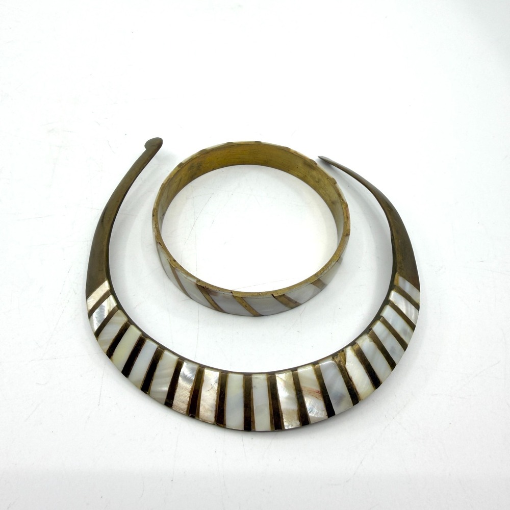 Mother of Pearl Inlay Collar Necklace & Bangle Set Boho Statement Gift Chic